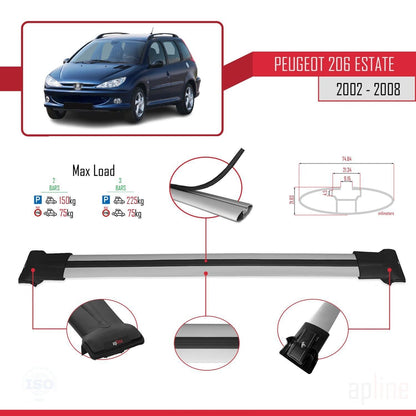 Compatibile con Peugeot 206 SW 2002-2008 FLY Model Barre Tetto Portapacchi Auto Barre Portatutto Grigo Alluminio 2 Barre