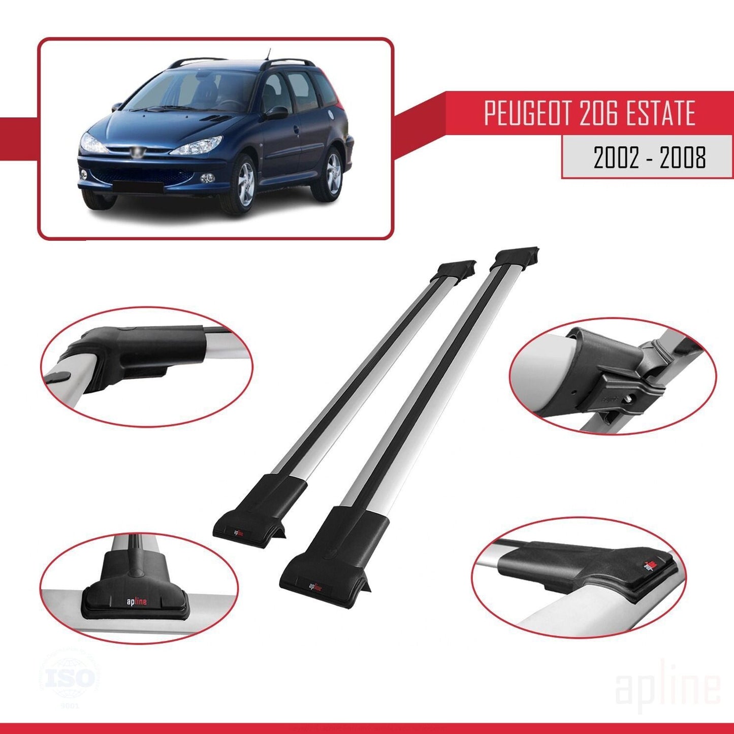 Compatibile con Peugeot 206 SW 2002-2008 FLY Model Barre Tetto Portapacchi Auto Barre Portatutto Grigo Alluminio 2 Barre