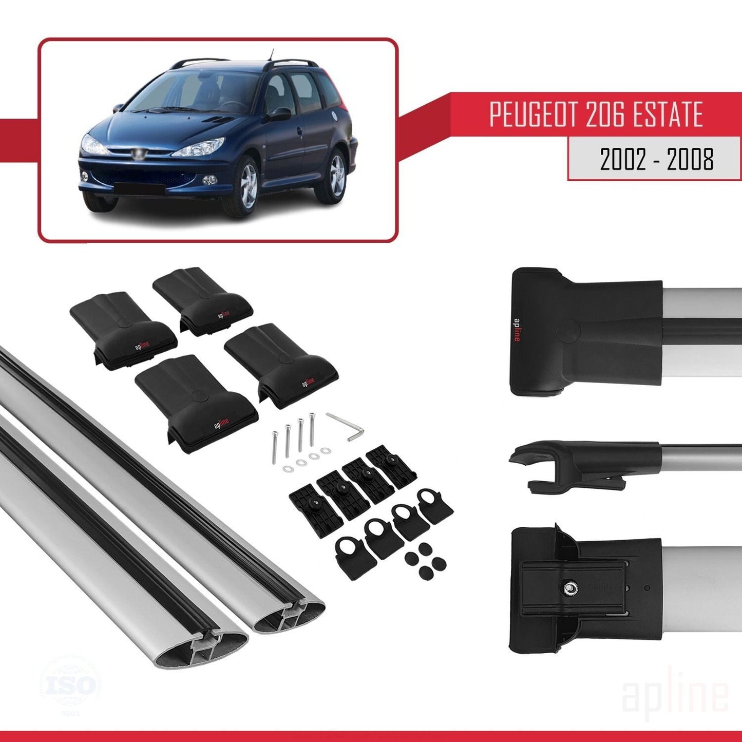 Compatibile con Peugeot 206 SW 2002-2008 FLY Model Barre Tetto Portapacchi Auto Barre Portatutto Grigo Alluminio 2 Barre
