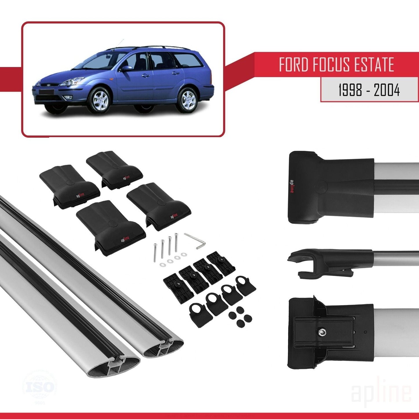FLY Model Dakdrager bagagedrager compatibel met Ford Focus (C170) SW 1998-2004 Spoorstaven Grijs Aluminium 2 Staven