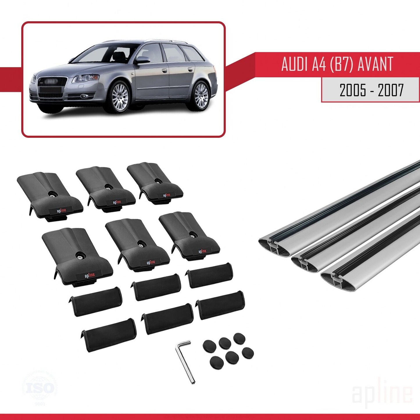 Compatibile con A4 (B7) Avant 2005-2007 modello FLY Barre portatutto per auto Portapacchi in alluminio grigio 3 barre