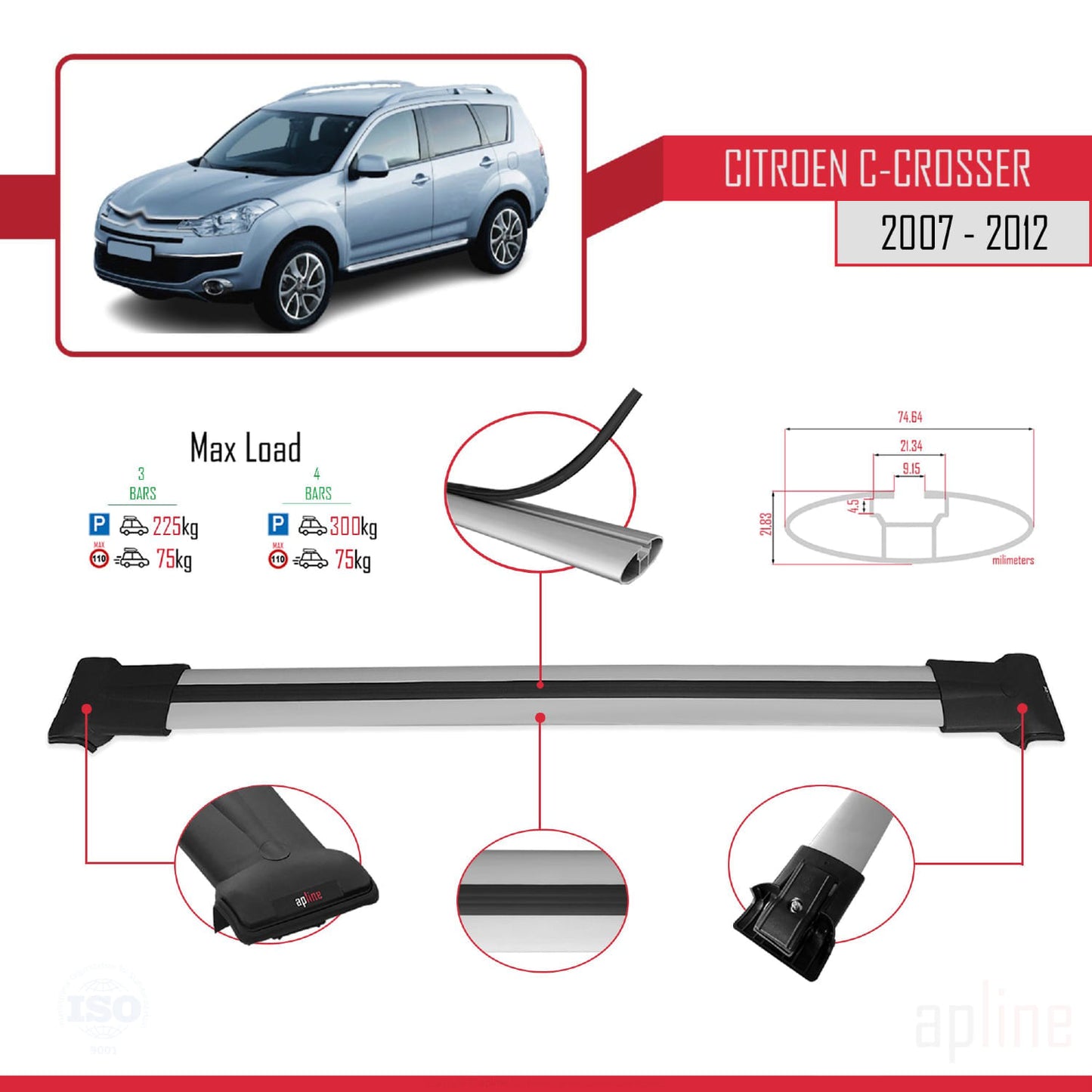 Compatibile con Citroen C-Crosser 2007-2012 FLY Model Barre Tetto Portapacchi Auto Barre Portatutto Grigo Alluminio 3 Barre