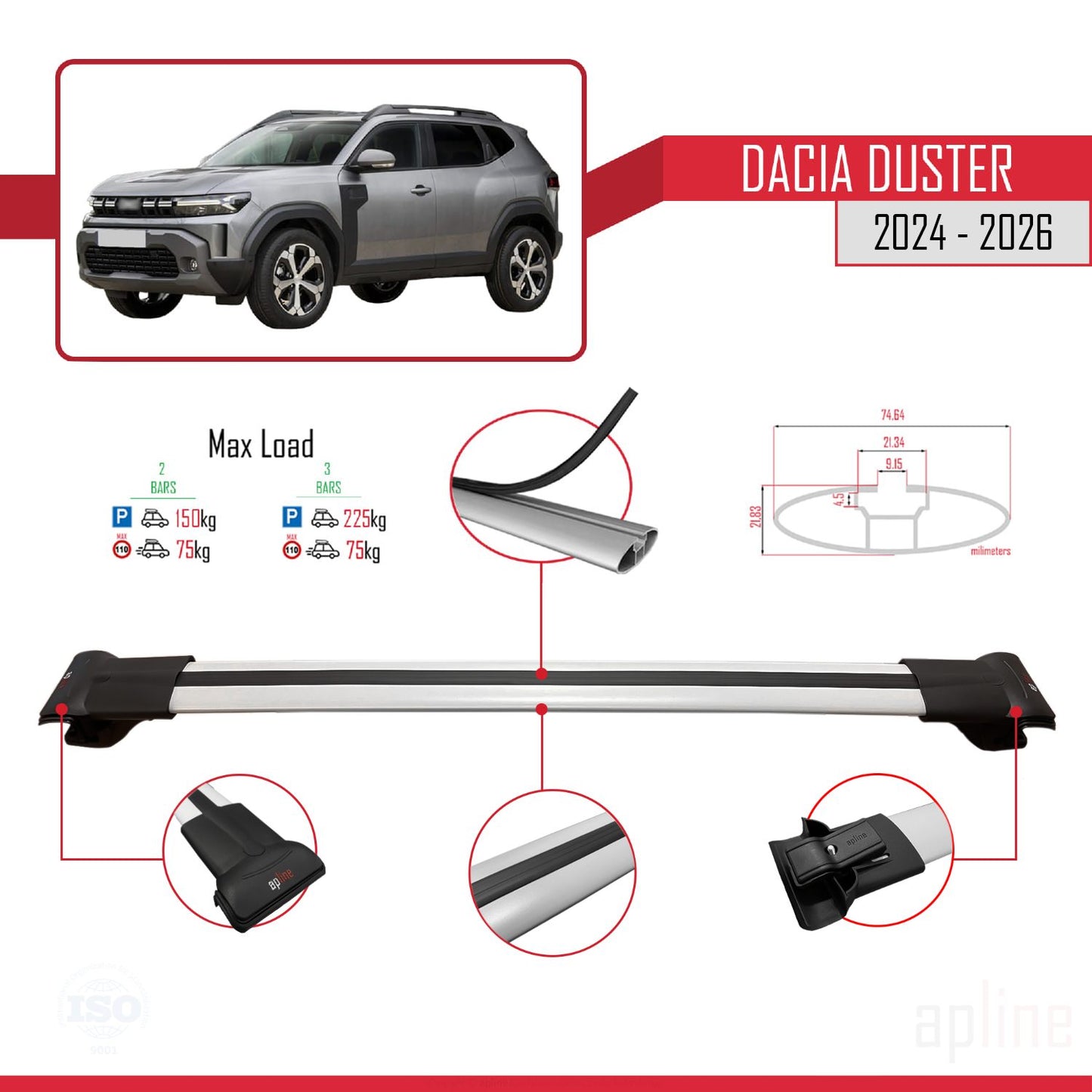 Compatible avec Dacia Duster 3 (P1310) 2024-2025 FLY Model Barres de Toit Railing Porte-Bagages de Voiture Gris Aluminium 2 Barres