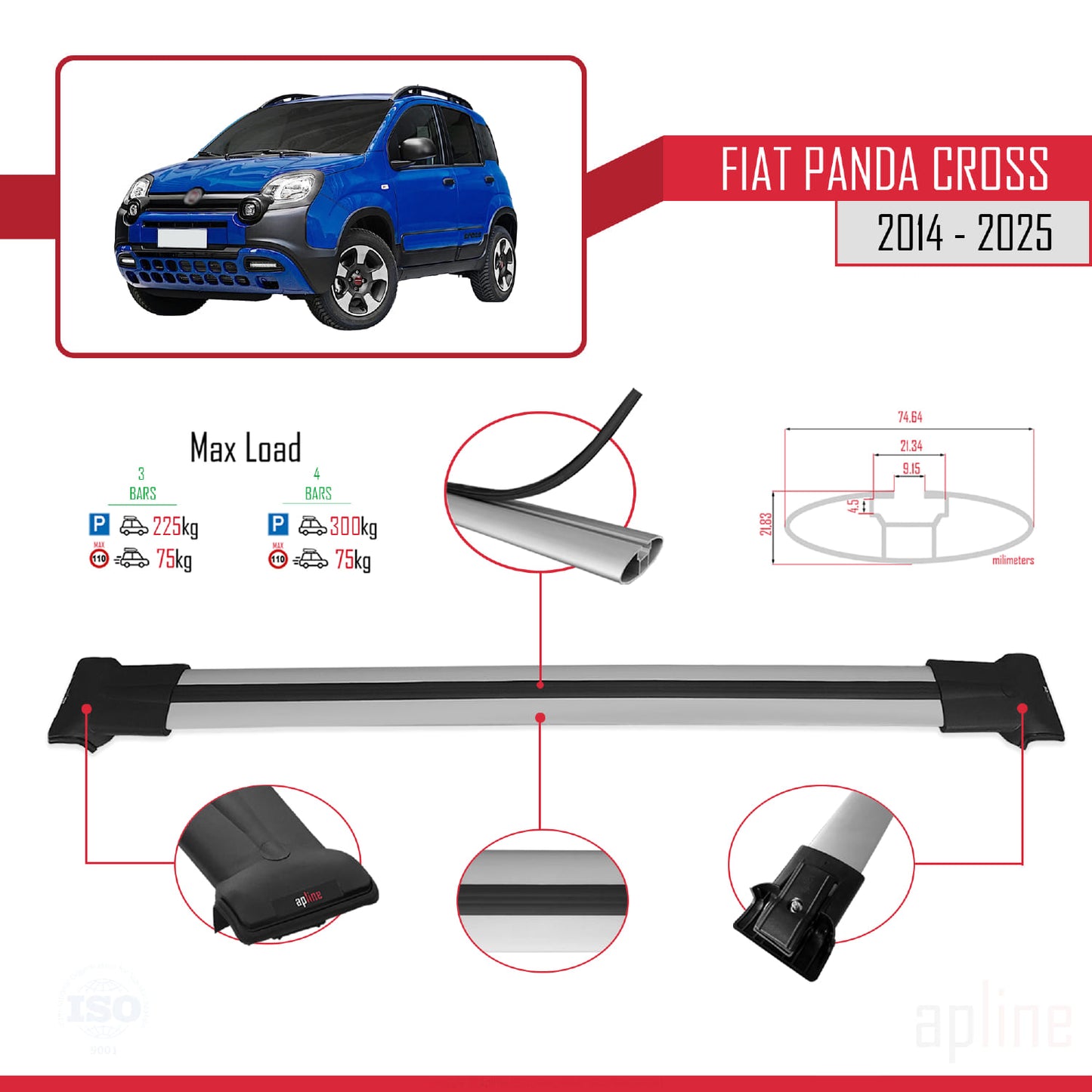 Compatible avec Fiat Panda Cross 2014-2025 FLY Model Barres de Toit Railing Porte-Bagages de Voiture Gris Aluminium 3 Barres