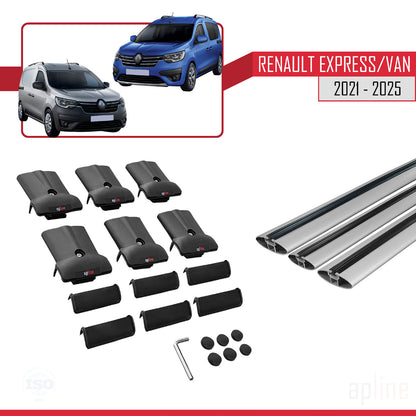 Compatible con Renault Express 2021-2025 FLY Model Barras de Techo Auto Portaequipajes Barras Transversales Gris Aluminio 3 Barras