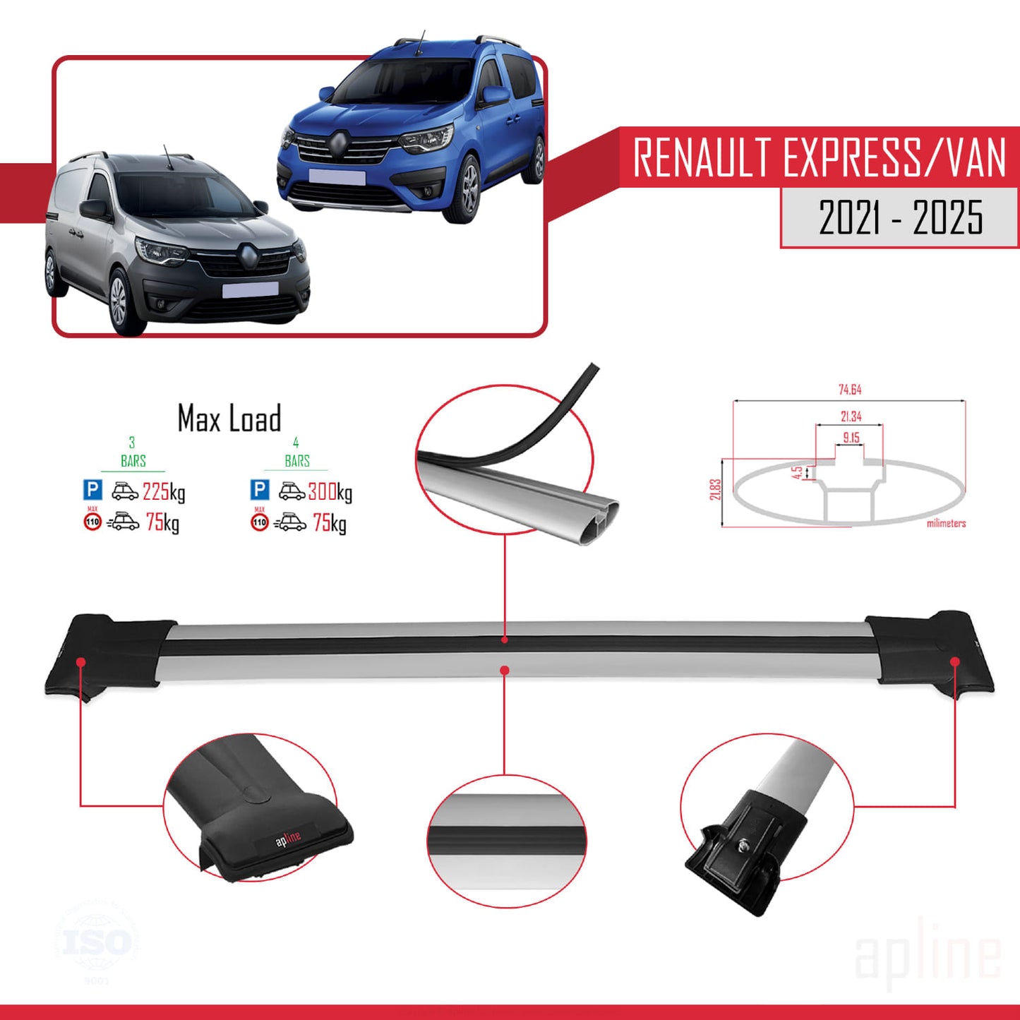 Compatible con Renault Express 2021-2025 FLY Model Barras de Techo Auto Portaequipajes Barras Transversales Gris Aluminio 4 Barras