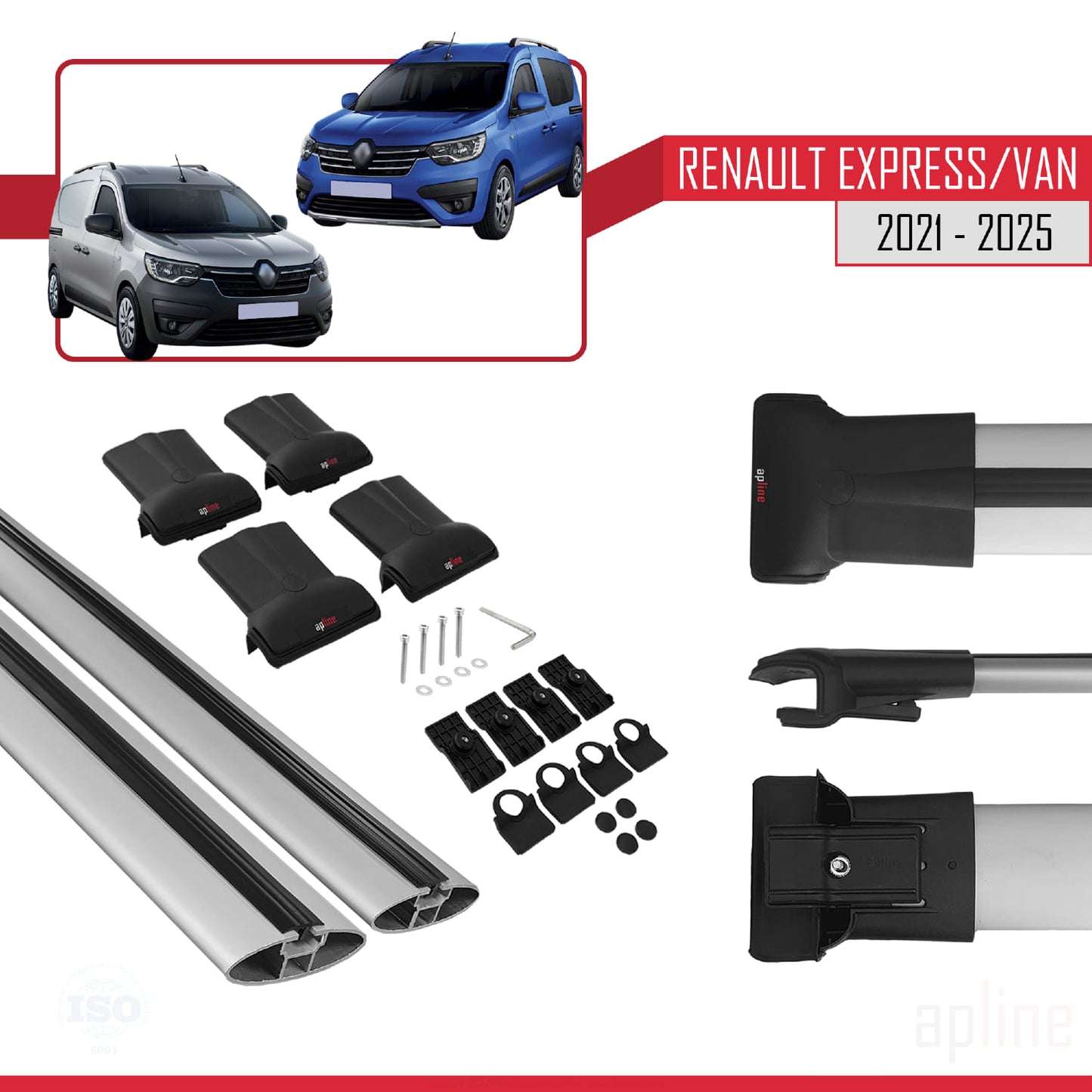Compatible con Renault Express 2021-2025 FLY Model Barras de Techo Auto Portaequipajes Barras Transversales Gris Aluminio 2 Barras