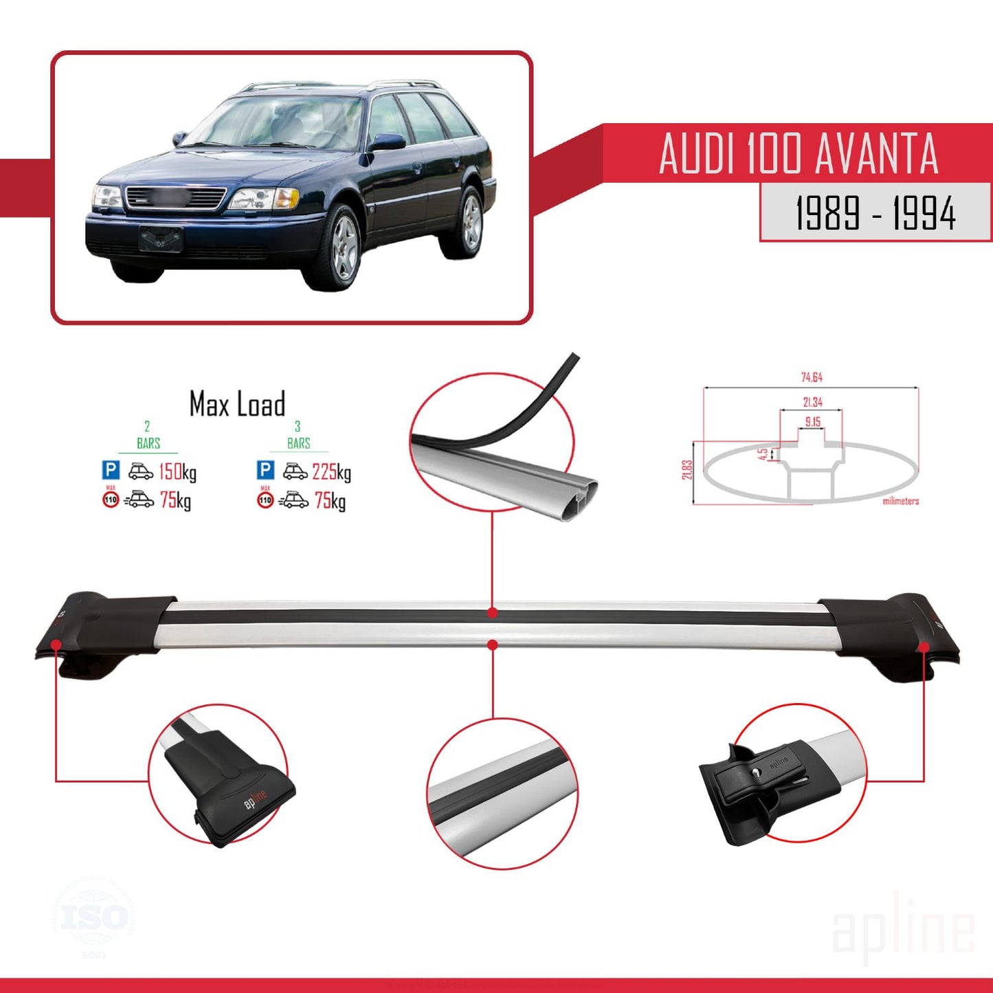 Compatible avec Audi 100 Avanta 1989-1994 FLY Model Barres de Toit Railing Porte-Bagages de Voiture Gris Aluminium 2 Barres