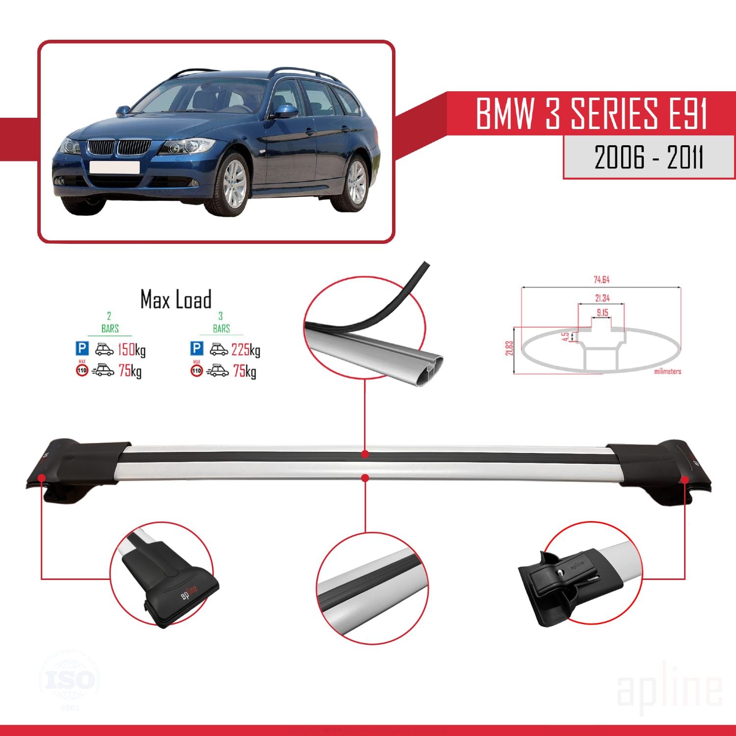 Compatible avec BMW 3 Series E91 Touring 2006-2011 FLY Model Barres de Toit Railing Porte-Bagages de Voiture Gris Aluminium 3 Barres