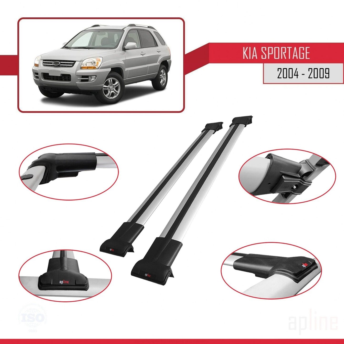 Compatible avec Kia Sportage 2 (JE) 2004-2009 FLY Model Barres de Toit Railing Porte-Bagages de Voiture Gris Aluminium 2 Barres
