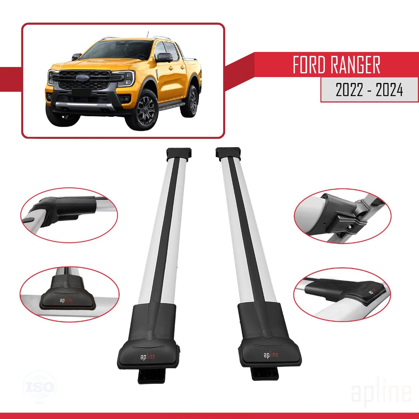 Compatible avec Ford Ranger (P703) 2022-2024 FLY Model Barres de Toit Railing Porte-Bagages de Voiture Gris Aluminium 2 Barres
