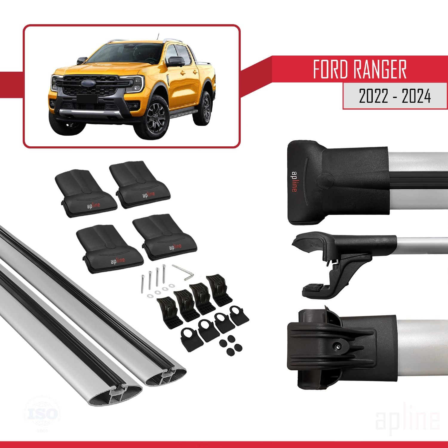 Compatible avec Ford Ranger (P703) 2022-2024 FLY Model Barres de Toit Railing Porte-Bagages de Voiture Gris Aluminium 2 Barres