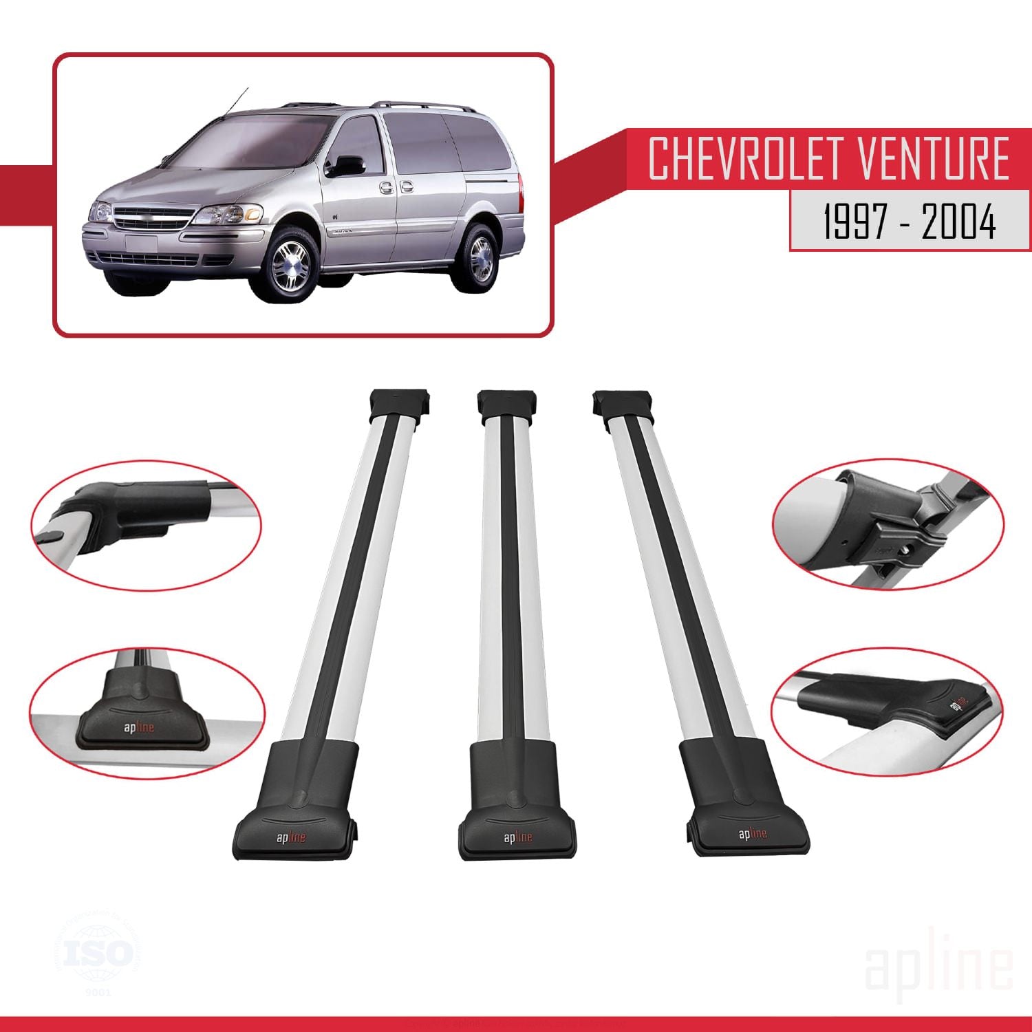Compatible avec Chevrolet Venture 1997-2004 FLY Model Barres de Toit Railing Porte-Bagages de Voiture Gris Aluminium 3 Barres