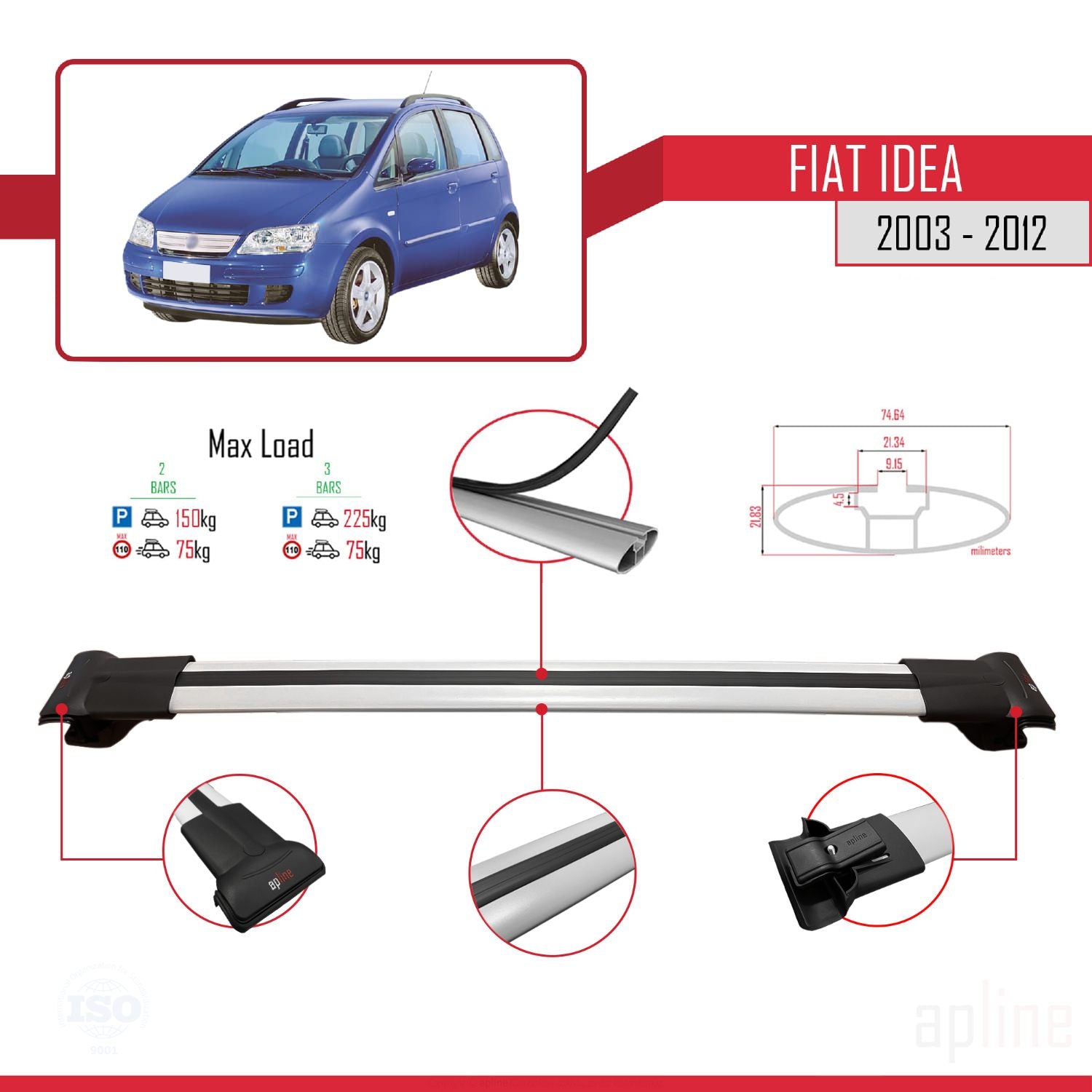 Compatible avec Fiat Idea 2003-2012 FLY Model Barres de Toit Railing Porte-Bagages de Voiture Gris Aluminium 2 Barres