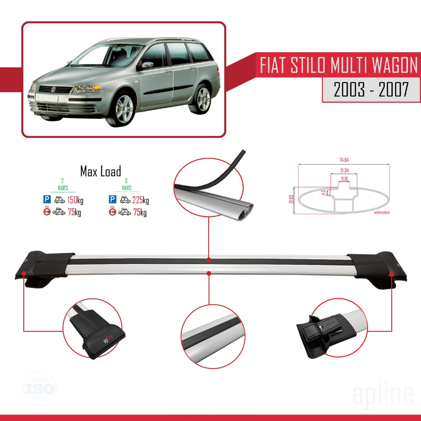 Compatible avec Fiat Stilo Multi Wagon 2003-2007 FLY Model Barres de Toit Railing Porte-Bagages de Voiture Gris Aluminium 3 Barres
