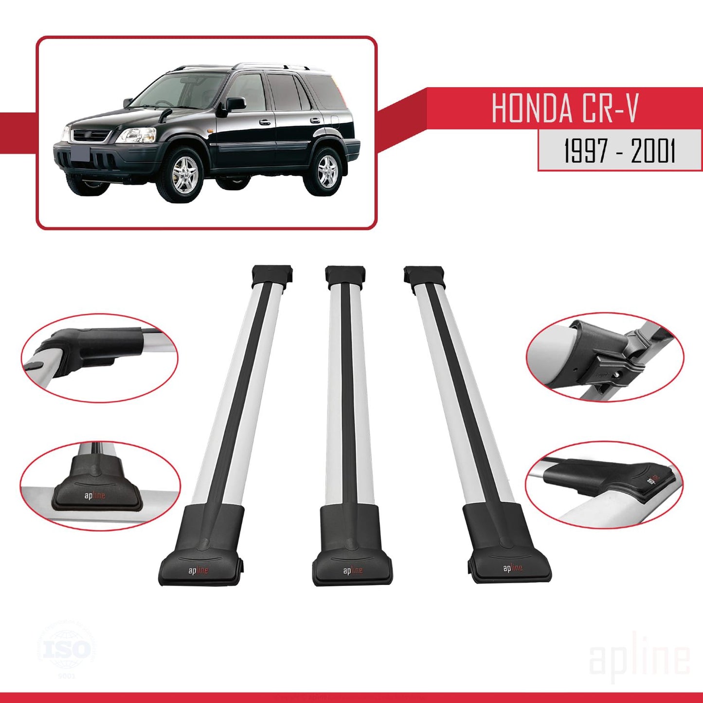 Compatible avec Honda CR-V 1997-2001 FLY Model Barres de Toit Railing Porte-Bagages de Voiture Gris Aluminium 3 Barres
