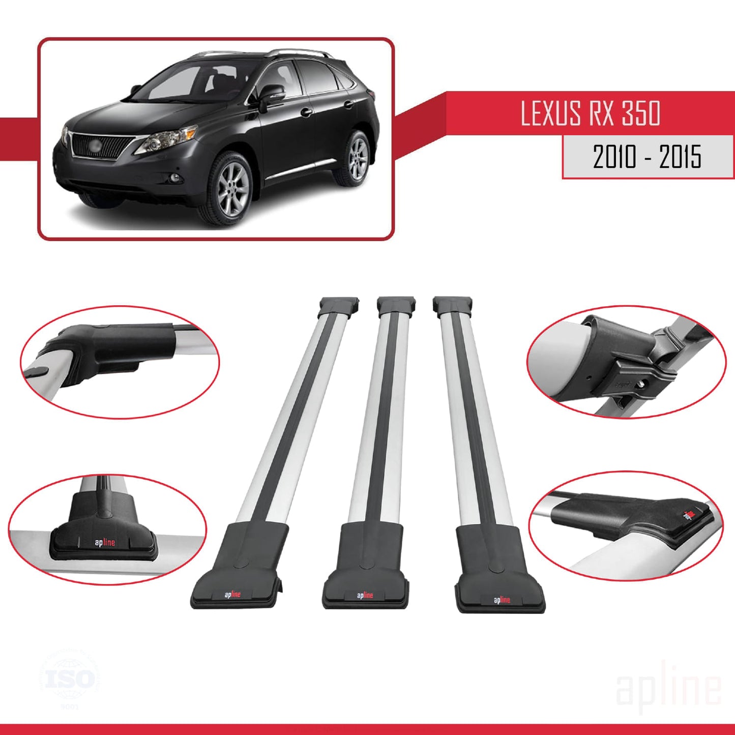 FLY Model Dakdrager bagagedrager compatibel met Lexus RX 3 (AL10) 2010-2015 Spoorstaven Grijs Aluminium 3 Staven