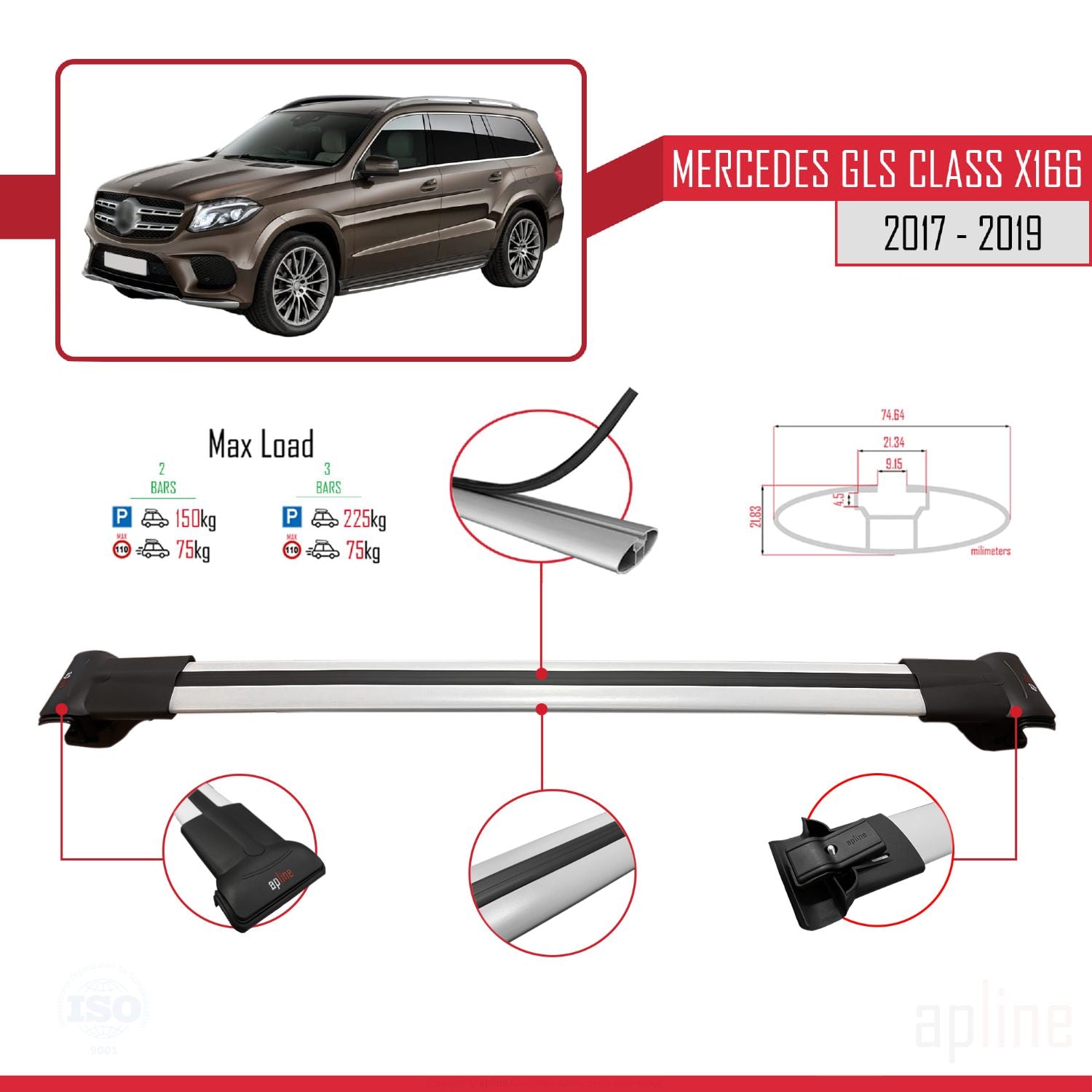 Compatible avec Mercedes GLS Class X166 2017-2019 FLY Model Barres de Toit Railing Porte-Bagages de Voiture Gris Aluminium 2 Barres