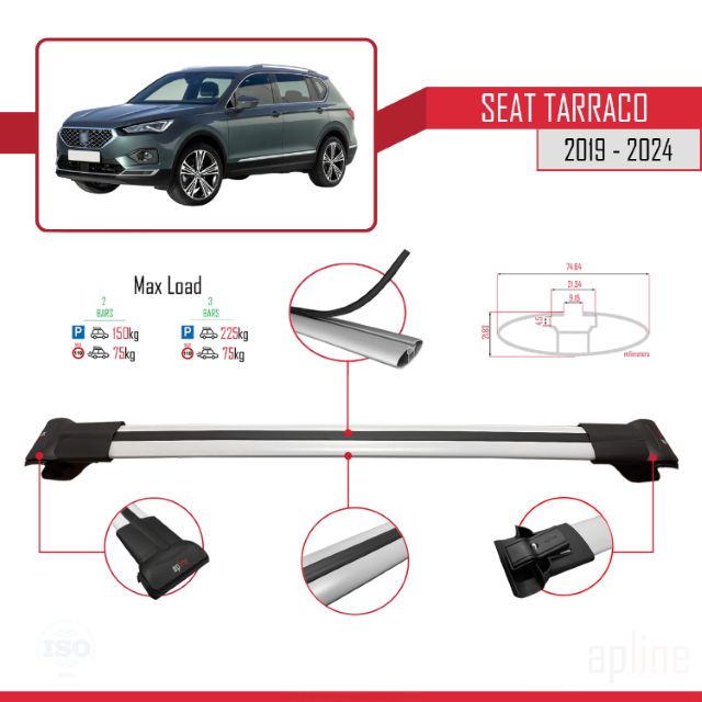 Compatible avec Seat Tarraco 2019-2024 FLY Model Barres de Toit Railing Porte-Bagages de Voiture Gris Aluminium 3 Barres