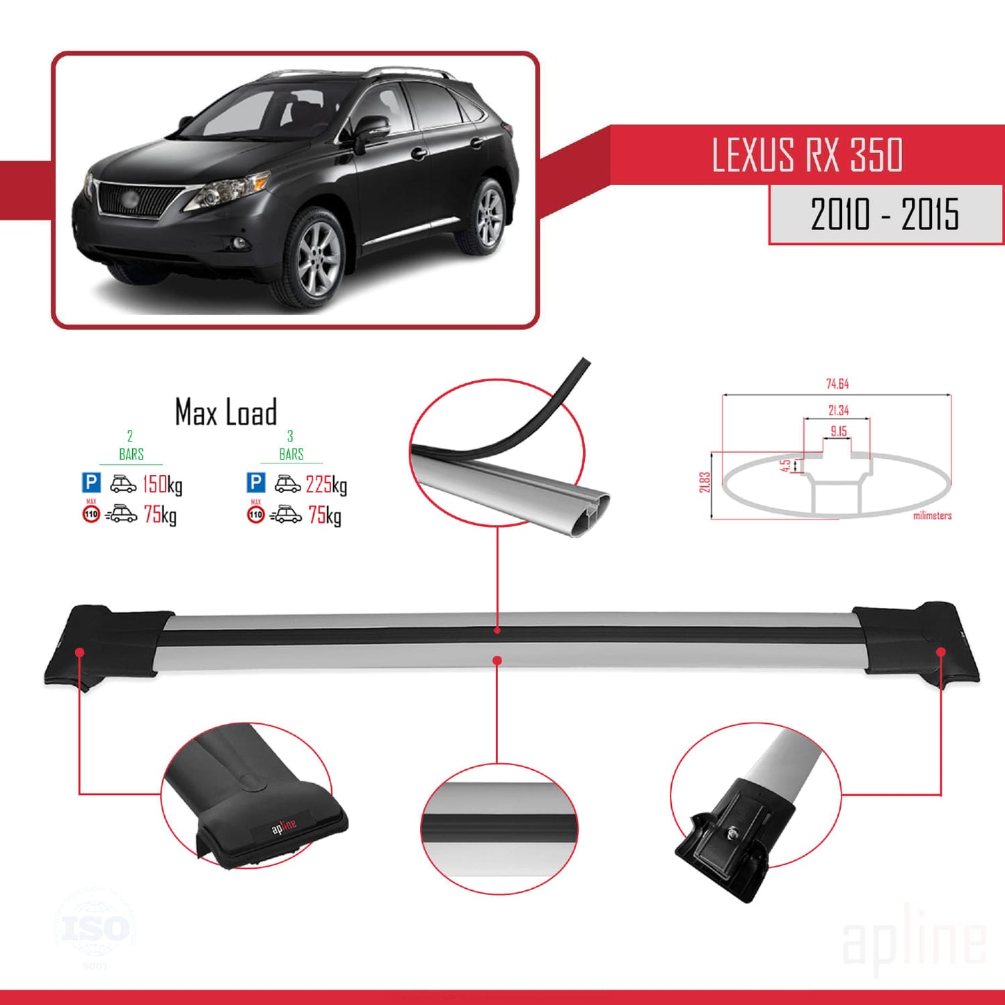 FLY Model Dakdrager bagagedrager compatibel met Lexus RX 3 (AL10) 2010-2015 Spoorstaven Grijs Aluminium 2 Staven