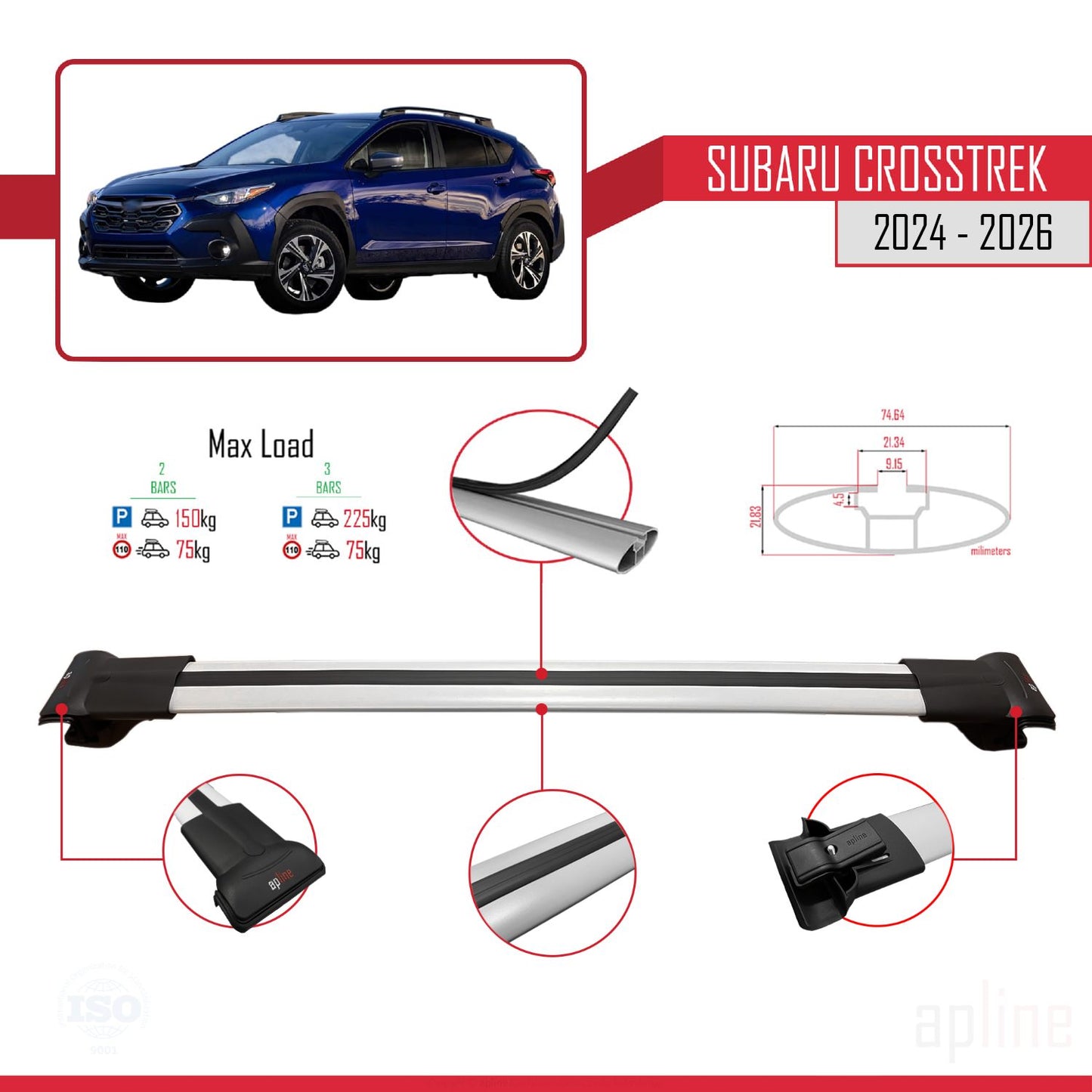 Compatible avec Subaru Crosstrek 2024-2025 FLY Model Barres de Toit Railing Porte-Bagages de Voiture Gris Aluminium 2 Barres
