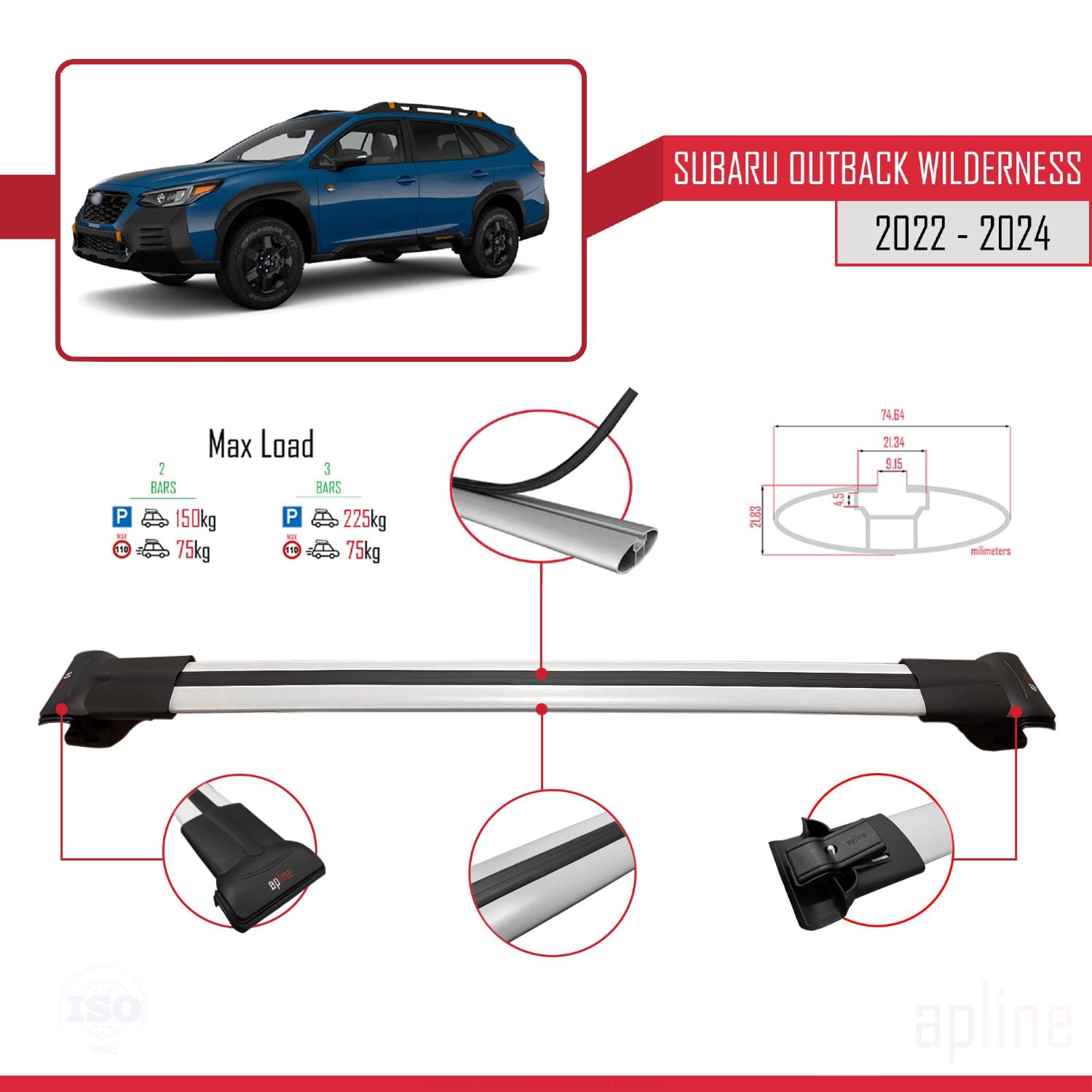 Compatible avec Subaru Outback Wilderness 2022-2024 FLY Model Barres de Toit Railing Porte-Bagages de Voiture Gris Aluminium 2 Barres
