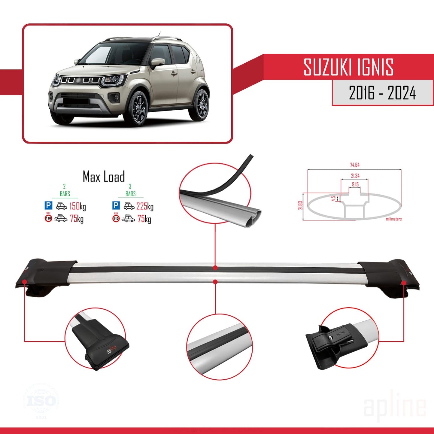 Compatible avec Suzuki Ignis 2016-2024 FLY Model Barres de Toit Railing Porte-Bagages de Voiture Gris Aluminium 2 Barres