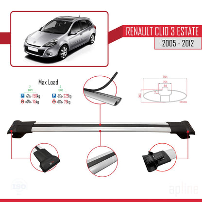 Compatible avec Renault Clio 3 Estate 2005-2012 FLY Model Barres de Toit Railing Porte-Bagages de Voiture Gris Aluminium 3 Barres