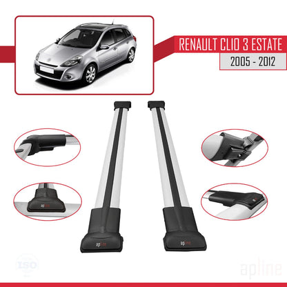 Compatible avec Renault Clio 3 Estate 2005-2012 FLY Model Barres de Toit Railing Porte-Bagages de Voiture Gris Aluminium 2 Barres