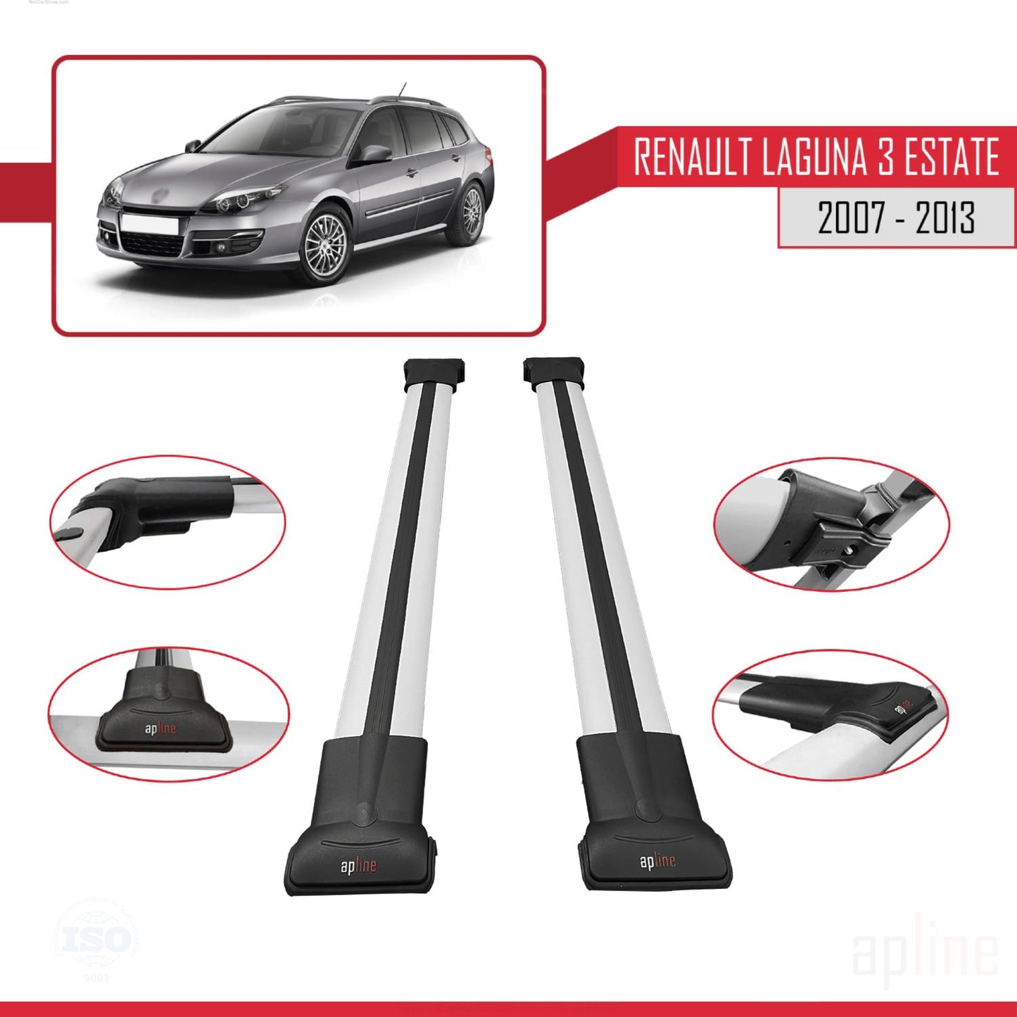 Compatible avec Renault Laguna 3 Estate 2007-2013 FLY Model Barres de Toit Railing Porte-Bagages de Voiture Gris Aluminium 2 Barres