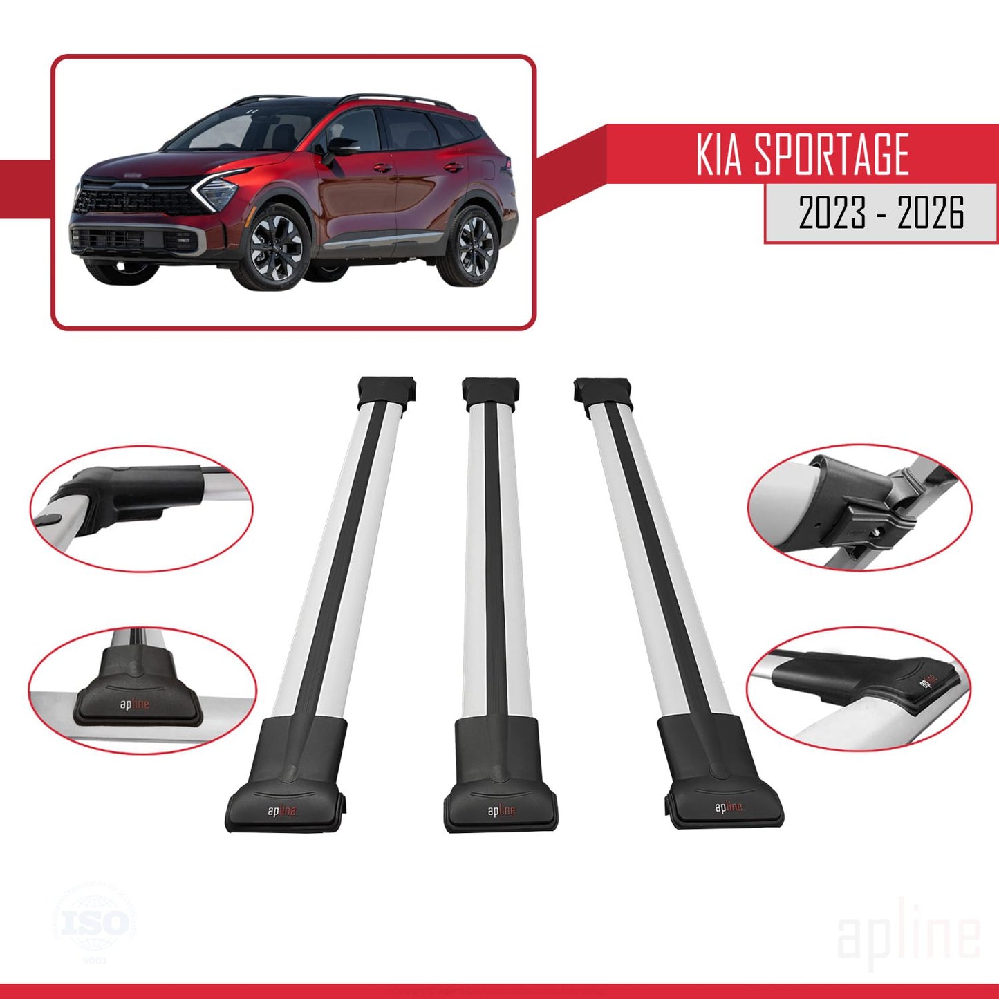 Compatible avec Kia Sportage 2023-2025 FLY Model Barres de Toit Railing Porte-Bagages de Voiture Gris Aluminium 3 Barres
