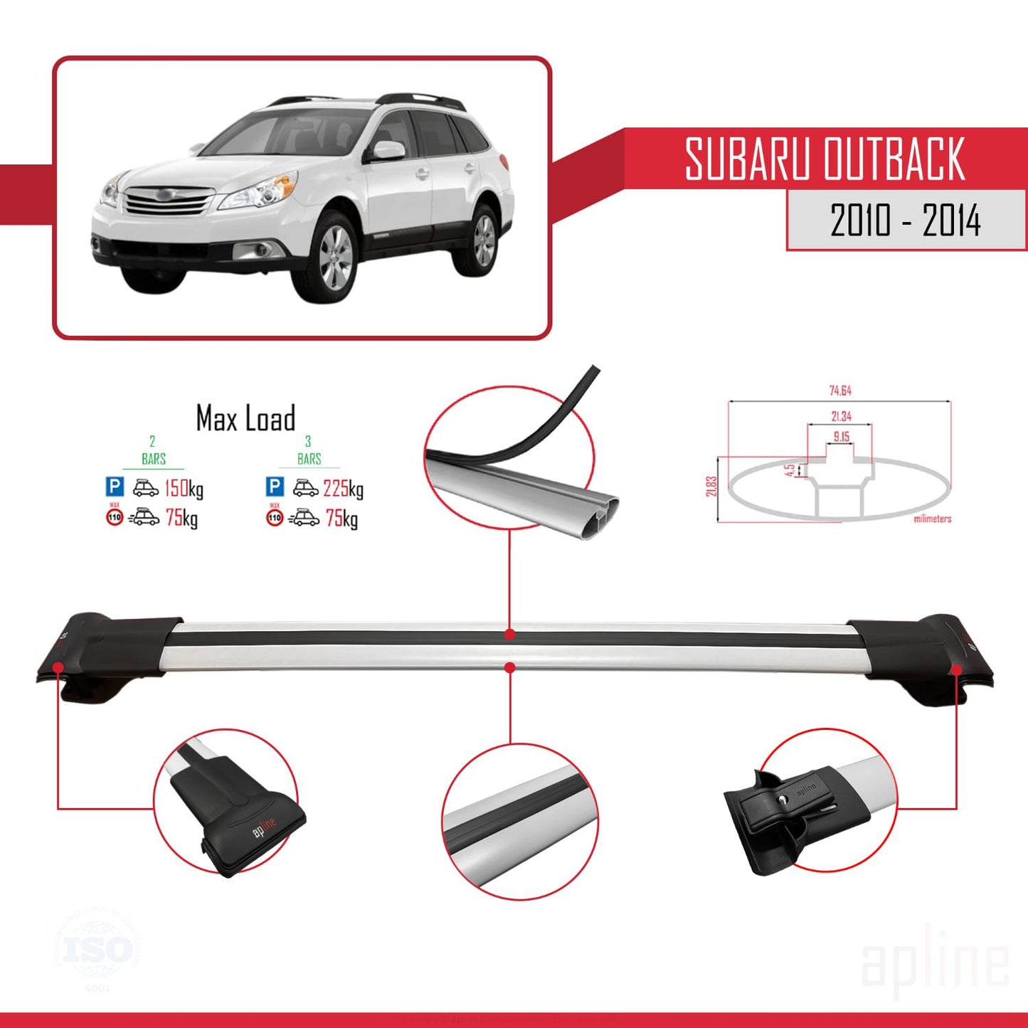 Compatible avec Subaru Outback 2010-2014 FLY Model Barres de Toit Railing Porte-Bagages de Voiture Gris Aluminium 3 Barres