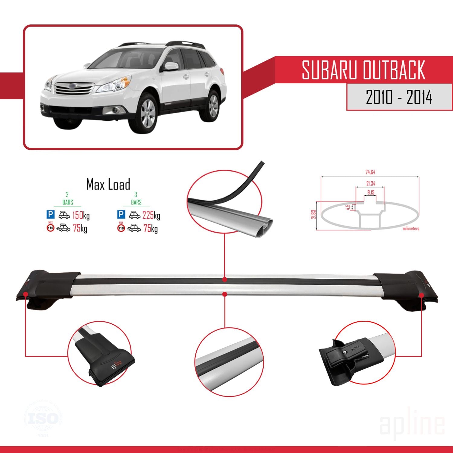 Compatible avec Subaru Outback 2010-2014 FLY Model Barres de Toit Railing Porte-Bagages de Voiture Gris Aluminium 3 Barres