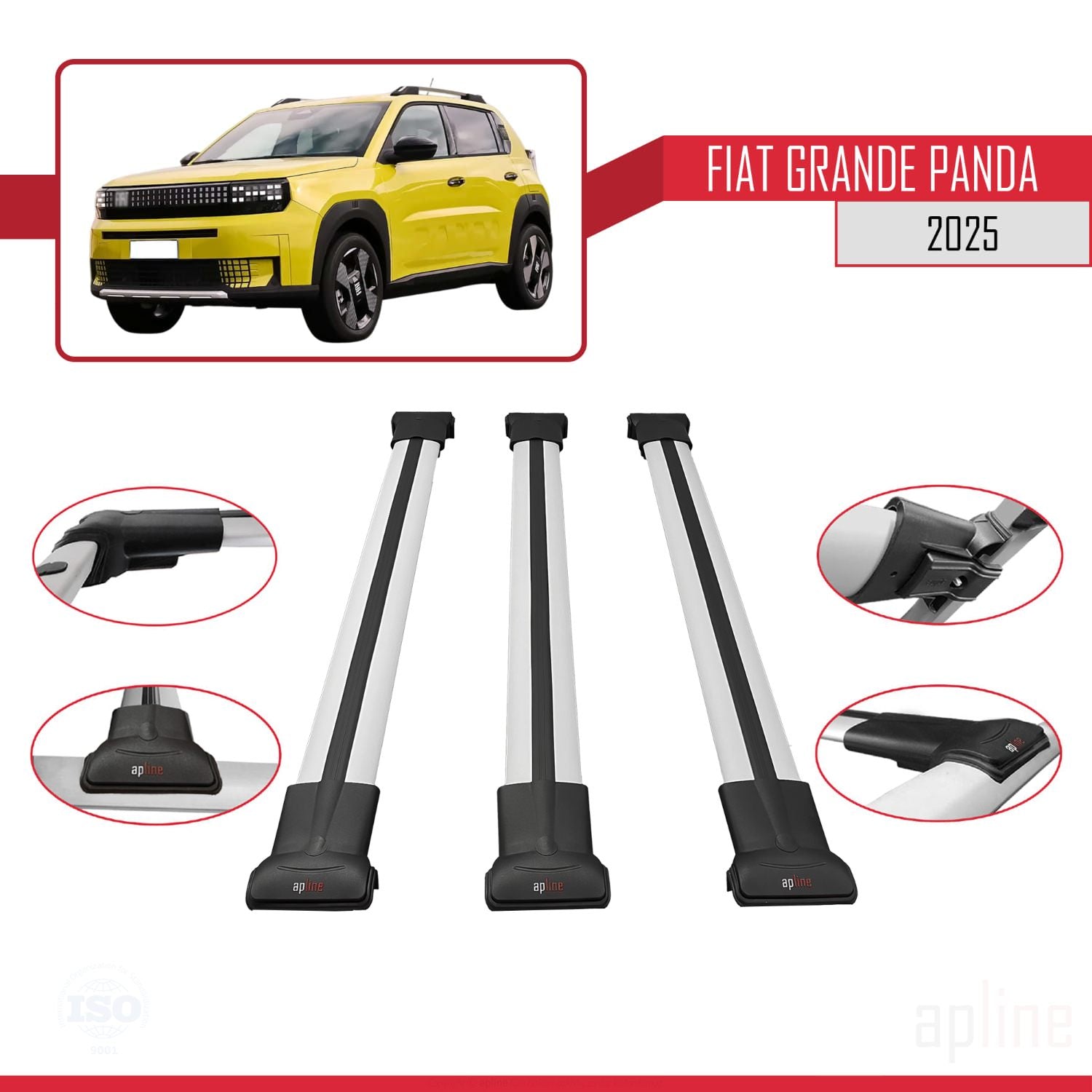 Compatible avec Fiat Grande Panda 2025-2025 FLY Model Barres de Toit Railing Porte-Bagages de Voiture Gris Aluminium 3 Barres
