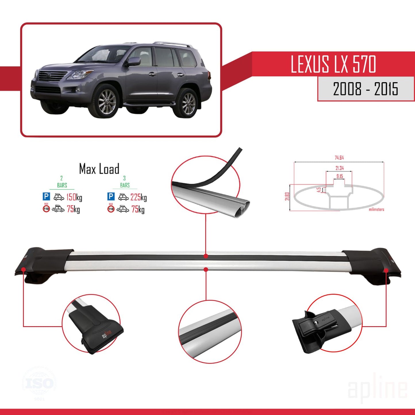 Compatible avec Lexus LX 570 2008-2015 FLY Model Barres de Toit Railing Porte-Bagages de Voiture Gris Aluminium 3 Barres