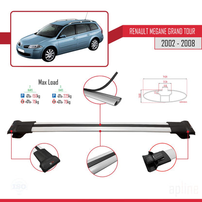 Compatible avec Renault Megane Grand Tour 2002-2008 FLY Model Barres de Toit Railing Porte-Bagages de Voiture Gris Aluminium 2 Barres