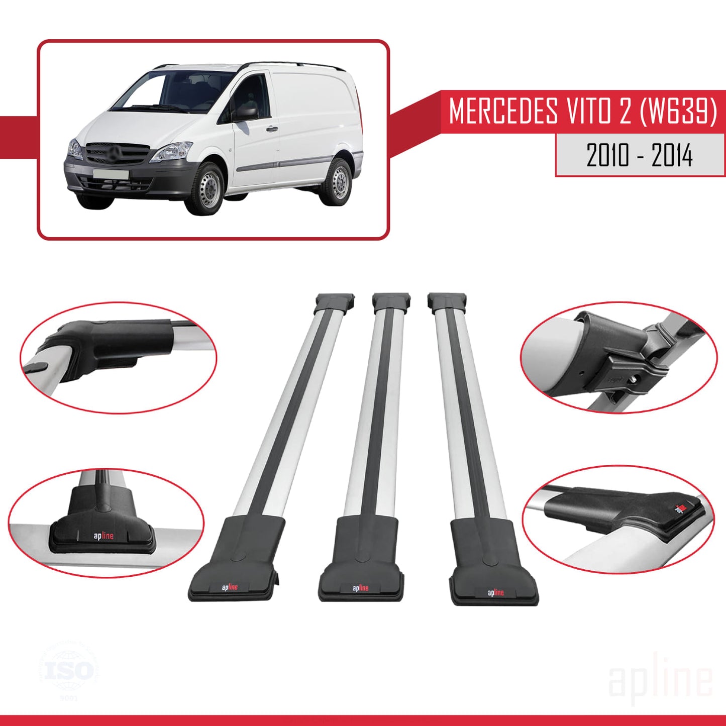 Compatible avec Mercedes Vito 2 (W639) Post-Facelift 2010-2014 FLY Model Barres de Toit Railing Porte-Bagages de Voiture Gris Aluminium 3 Barres