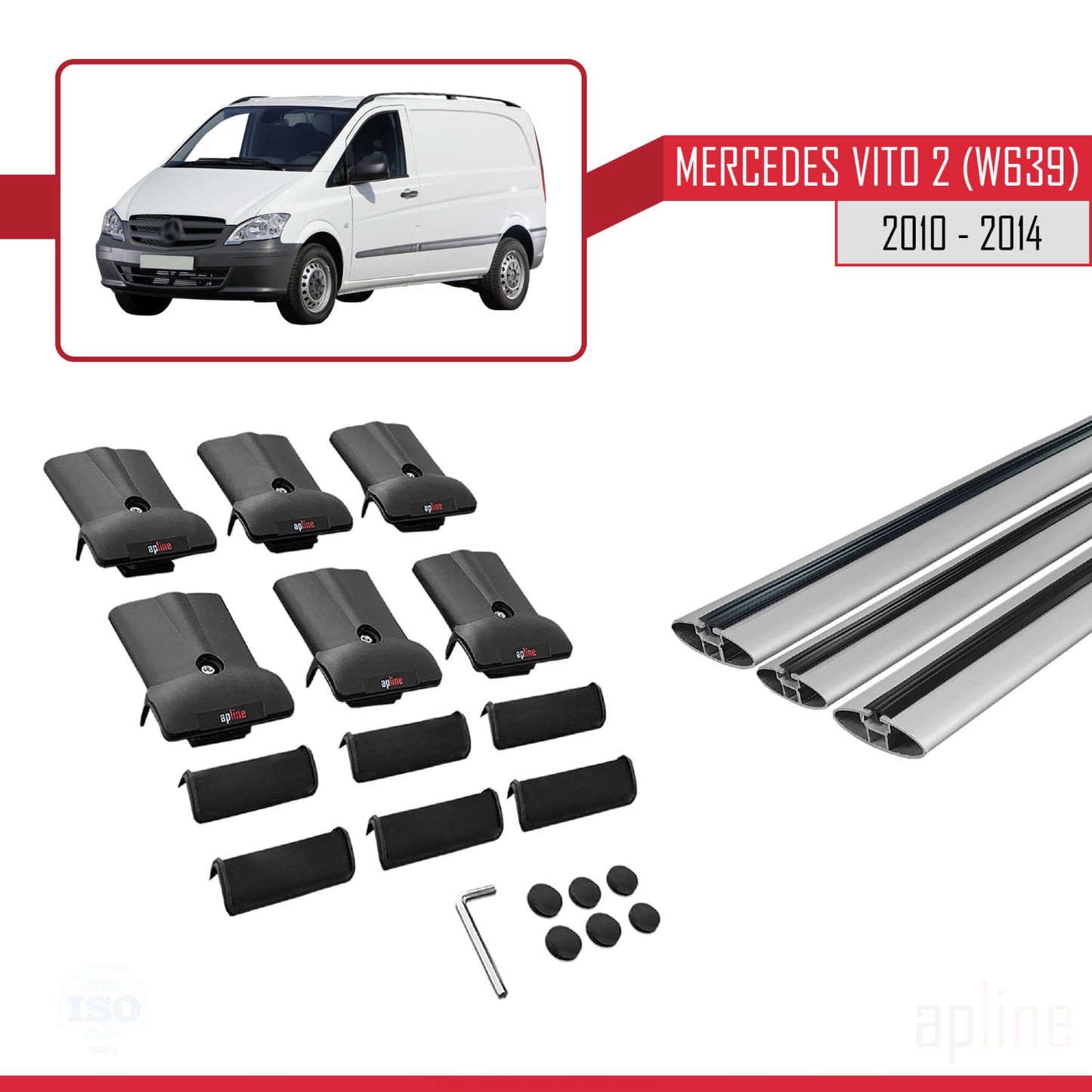Compatible avec Mercedes Vito 2 (W639) Post-Facelift 2010-2014 FLY Model Barres de Toit Railing Porte-Bagages de Voiture Gris Aluminium 3 Barres