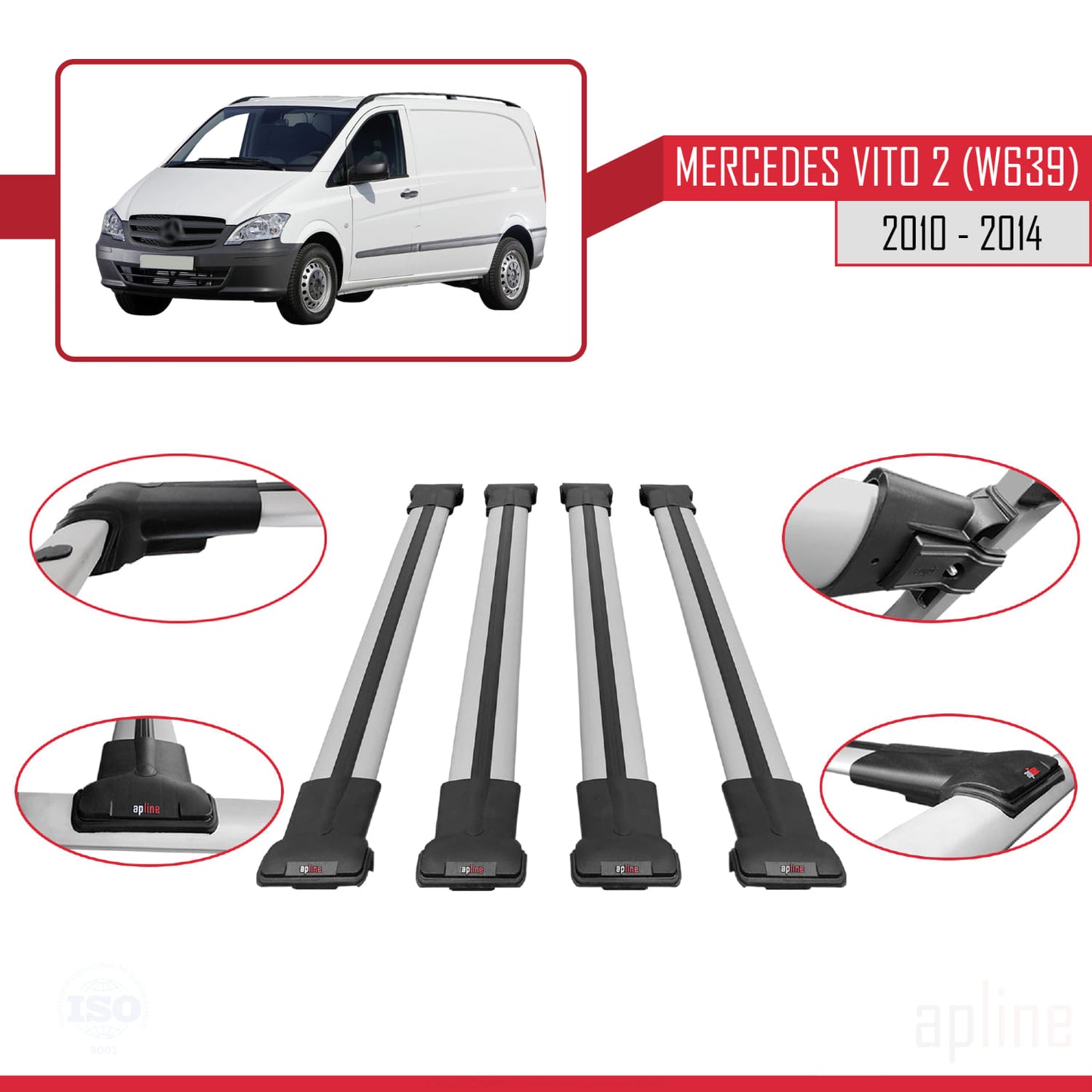 Compatible avec Mercedes Vito 2 (W639) Post-Facelift 2010-2014 FLY Model Barres de Toit Railing Porte-Bagages de Voiture Gris Aluminium 4 Barres