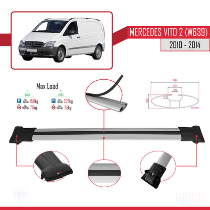 Compatible avec Mercedes Vito 2 (W639) Post-Facelift 2010-2014 FLY Model Barres de Toit Railing Porte-Bagages de Voiture Gris Aluminium 2 Barres
