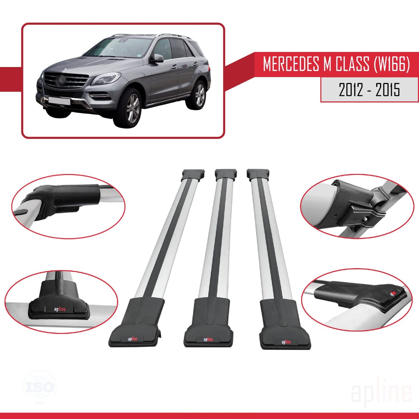 Compatible avec Mercedes M Class 3 (W166) Pre-Facelift 2012-2015 FLY Model Barres de Toit Railing Porte-Bagages de Voiture Gris Aluminium 3 Barres