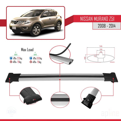 Compatible avec Nissan Murano 2 (Z51) 2008-2014 FLY Model Barres de Toit Railing Porte-Bagages de Voiture Gris Aluminium 3 Barres
