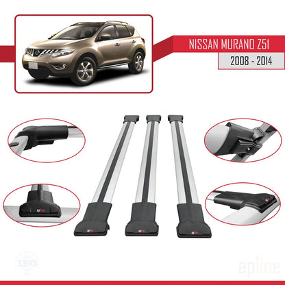 Compatible avec Nissan Murano 2 (Z51) 2008-2014 FLY Model Barres de Toit Railing Porte-Bagages de Voiture Gris Aluminium 3 Barres