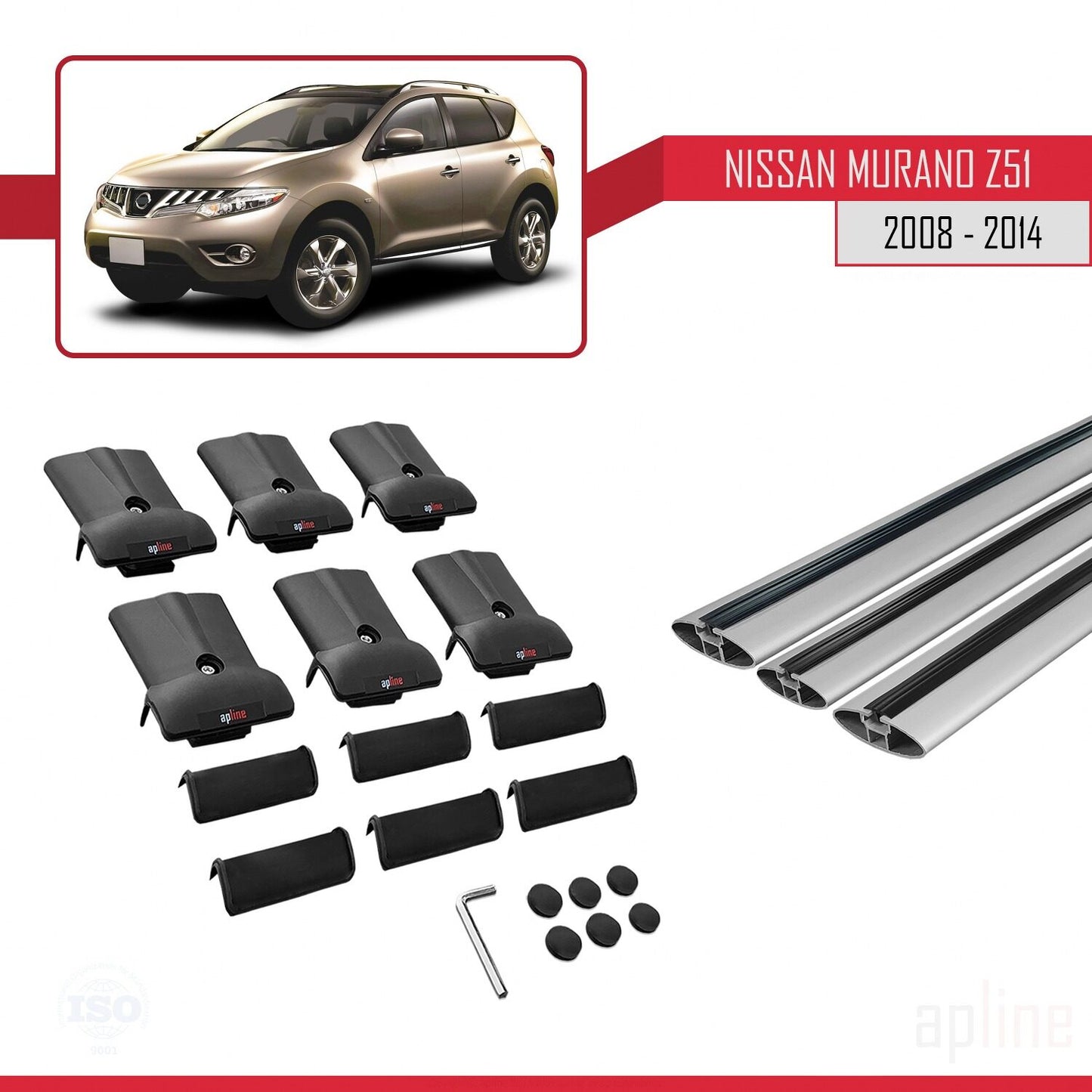 Compatible avec Nissan Murano 2 (Z51) 2008-2014 FLY Model Barres de Toit Railing Porte-Bagages de Voiture Gris Aluminium 3 Barres