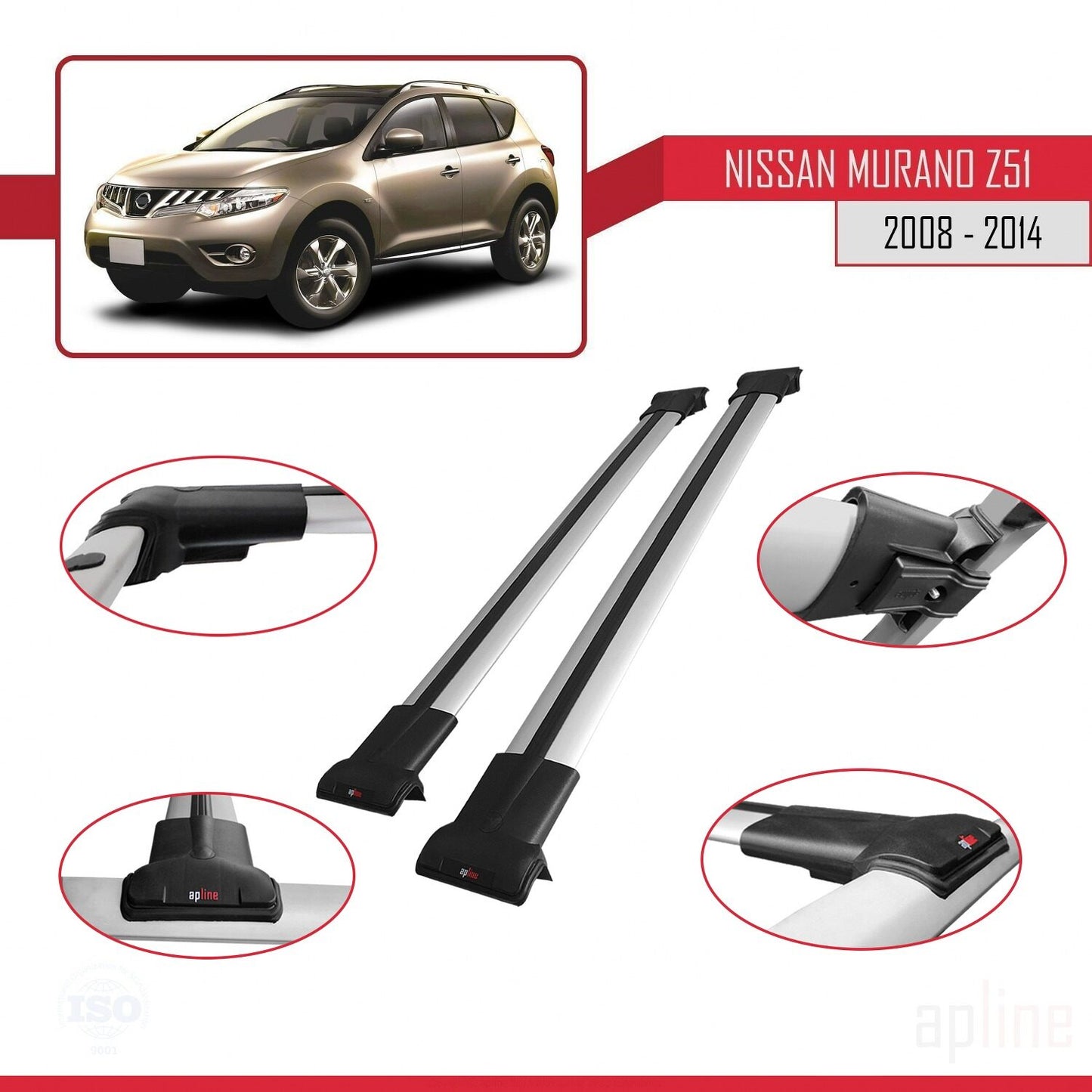 Compatible avec Nissan Murano 2 (Z51) 2008-2014 FLY Model Barres de Toit Railing Porte-Bagages de Voiture Gris Aluminium 2 Barres