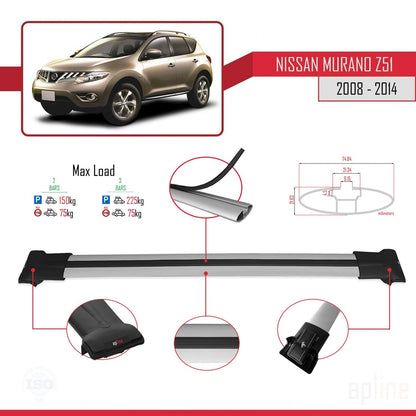 Compatible avec Nissan Murano 2 (Z51) 2008-2014 FLY Model Barres de Toit Railing Porte-Bagages de Voiture Gris Aluminium 2 Barres