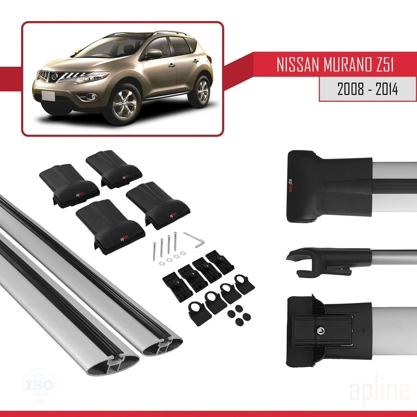 Compatible avec Nissan Murano 2 (Z51) 2008-2014 FLY Model Barres de Toit Railing Porte-Bagages de Voiture Gris Aluminium 2 Barres