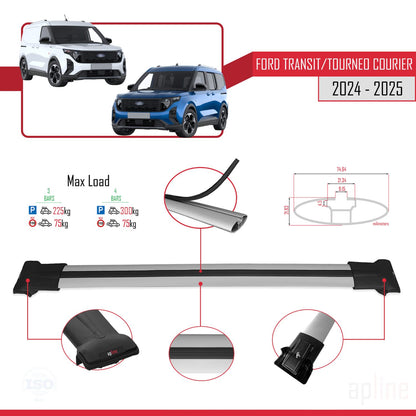 FLY Model Dakdrager bagagedrager compatibel met Ford Transit/Tourneo Courier 2024-2025 Spoorstaven Grijs Aluminium 4 Staven