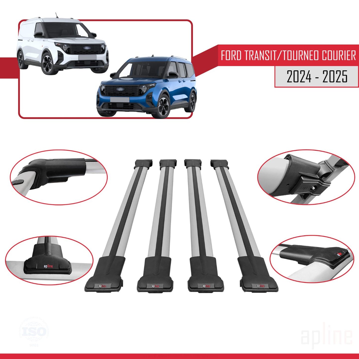 FLY Model Dakdrager bagagedrager compatibel met Ford Transit/Tourneo Courier 2024-2025 Spoorstaven Grijs Aluminium 4 Staven