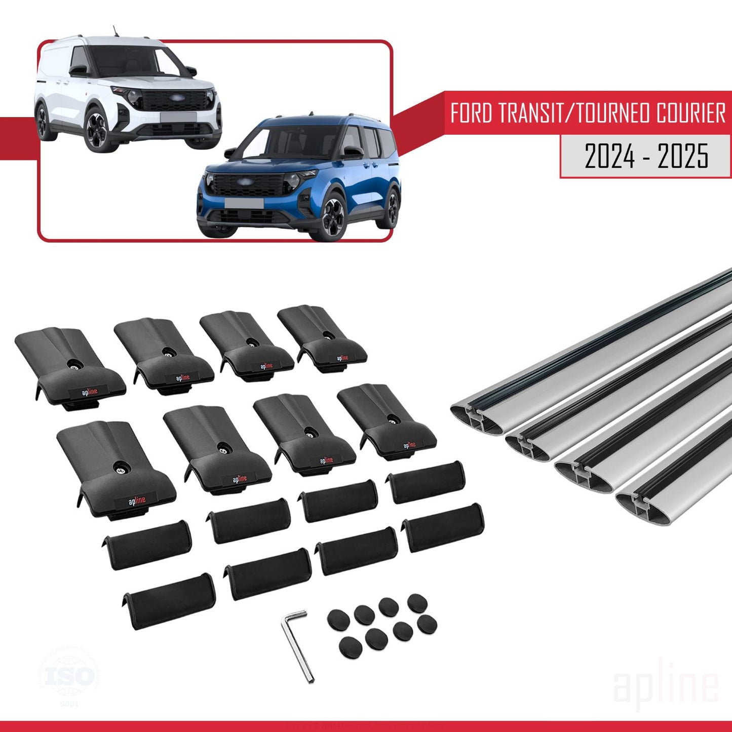 FLY Model Dakdrager bagagedrager compatibel met Ford Transit/Tourneo Courier 2024-2025 Spoorstaven Grijs Aluminium 4 Staven